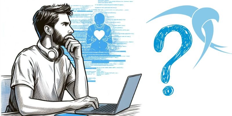 Software engineer pondering with a digital backdrop and question mark